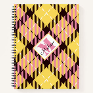 Modern Yellow Pink Plaid Tartan Personalized Name Notebook