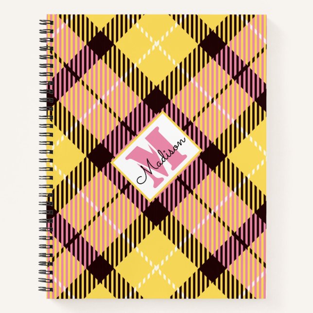 Modern Yellow Pink Plaid Tartan Personalized Name Notebook (Front)