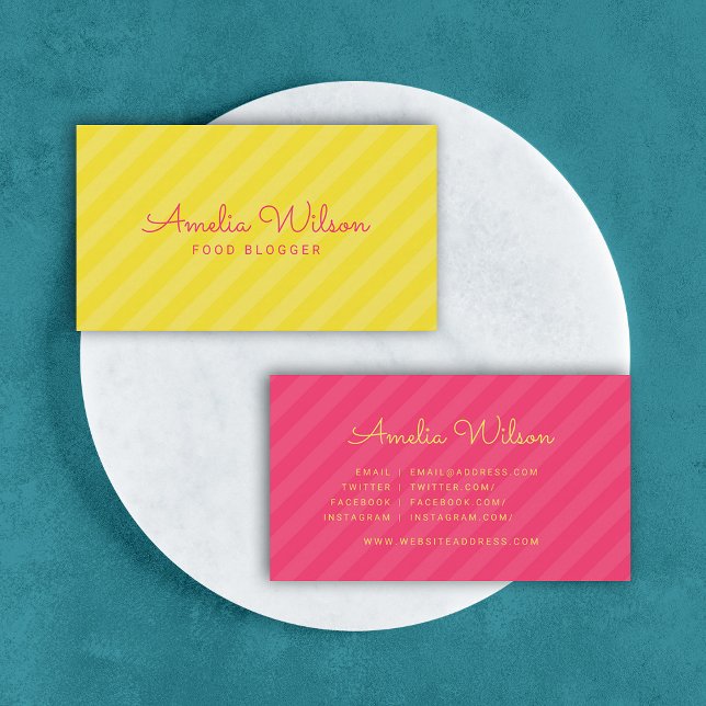 Modern Yellow & Pink Stripes Pattern Social Media Business Card (Creator Uploaded)