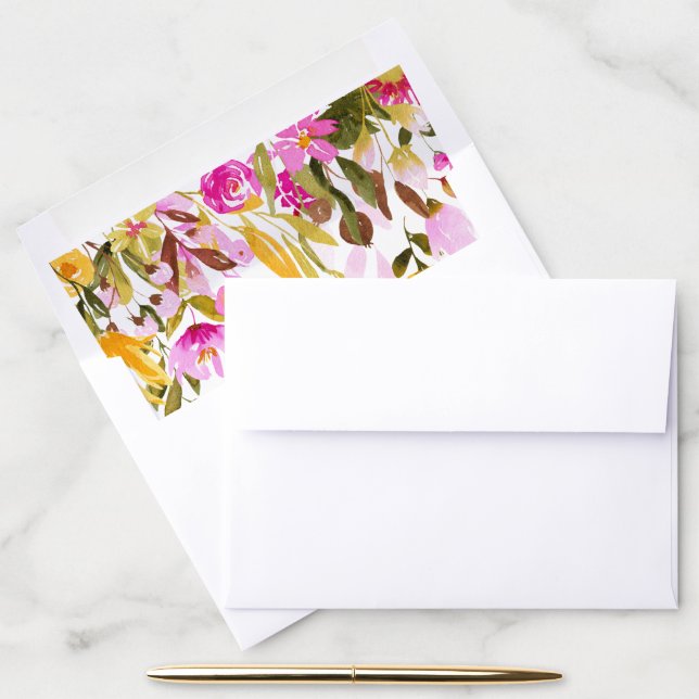 Modern Yellow Pink Watercolor Floral Wedding Envelope Liner (Desk)