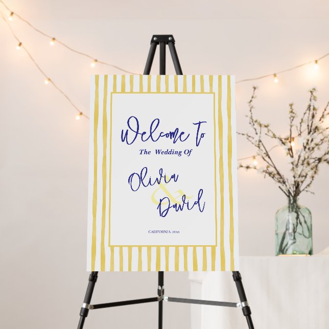 Modern Yellow Pinstripe Welcome Wedding Sign (In Situ (Stand))