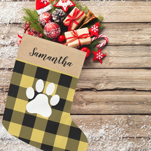 Modern Yellow Plaid  Name Dog Paw Large Christmas Stocking