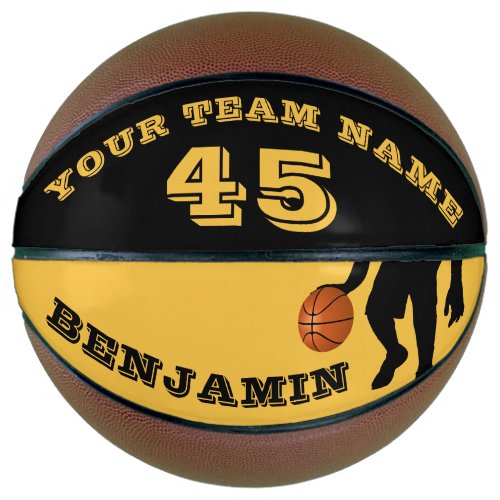 Modern Yellow Player Team Name Number Basketball - Modern Yellow Player Team Name Number Basketball. The design has a black silhouette of a basketball player with a basketball. The text is in modern fonts - personalize it with your team name, number and your name. To customize the ball click the customize button and easily use the design tool. Perfect gift for basketball players, teammates, coaches, your friends and family or a keepsake to remember your favorite sport.