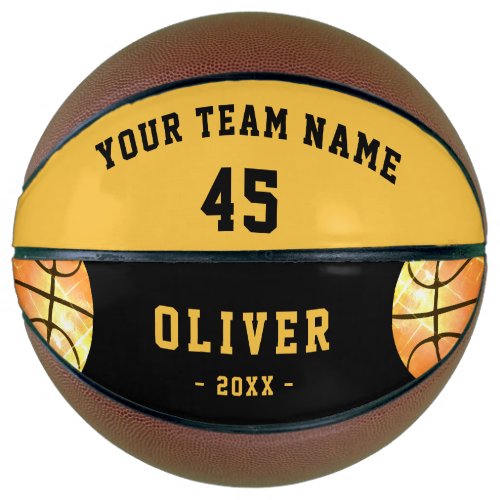 Modern Yellow Player Team Name Number Kids Basketball - Modern Yellow Player Team Name Number Kids Basketball. Custom and personalized basketball ball with balls in the corner and text in yellow and black colors. Personalize the ball with a team name, player`s number, player`s name and year. A great keepsake to remember your favorite sport and a perfect gift for basketball player, teammates, coach, your friends and family.