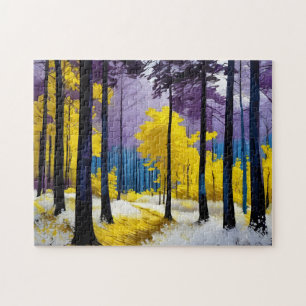 Modern Yellow Purple Blue Bright Vibrant Forest Jigsaw Puzzle