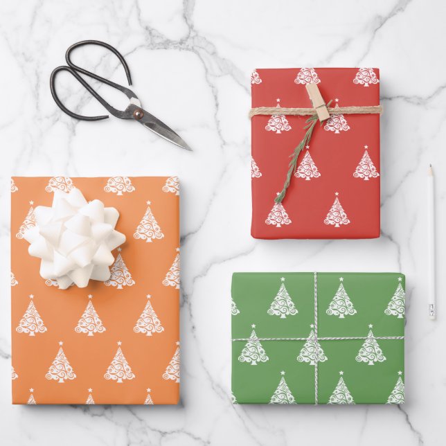 Modern Yellow Red Green Christmas Tree Pattern  Wrapping Paper Sheets (Front)