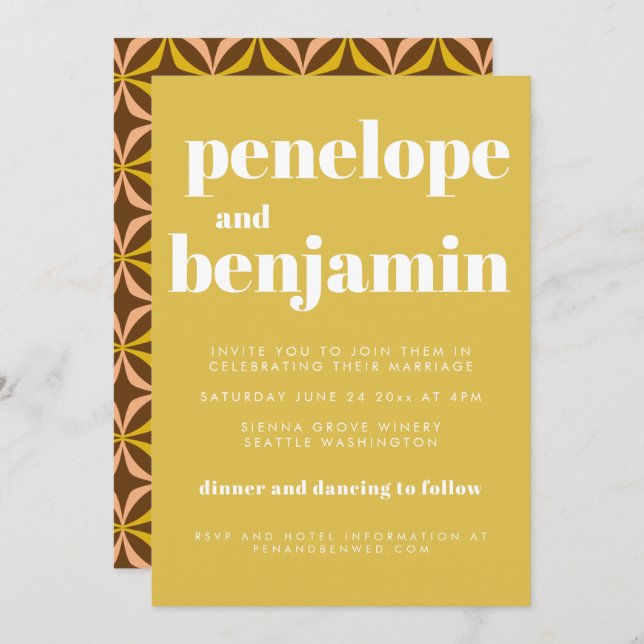 Modern Yellow Retro Typography Wedding All In One Invitation (Front/Back)