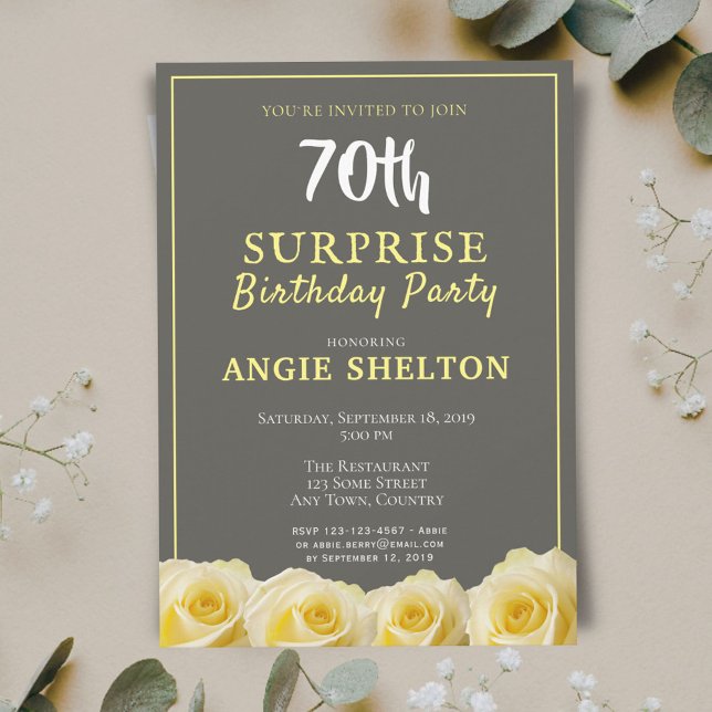 Modern Yellow Rose 70th Surprise Birthday Party Invitation (Creator Uploaded)