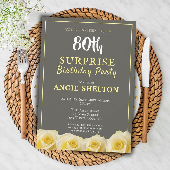 Modern Yellow Rose 80th Surprise Birthday Party Invitation (Creator Uploaded)