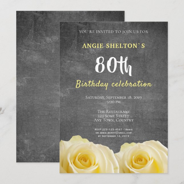 Modern Yellow Rose Chalkboard 80th Birthday Party Invitation (Front/Back)