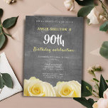 Modern Yellow Rose Chalkboard 90th Birthday Party Invitation<br><div class="desc">Modern 90th birthday party invitation for her. Invitation with a beautiful yellow rose flower. The background is a trendy grey chalkboard. The text is in white and yellow colors and is fully customizable - personalize it with your name, age, date, location and RSVP. Perfect for a woman who is celebrating...</div>
