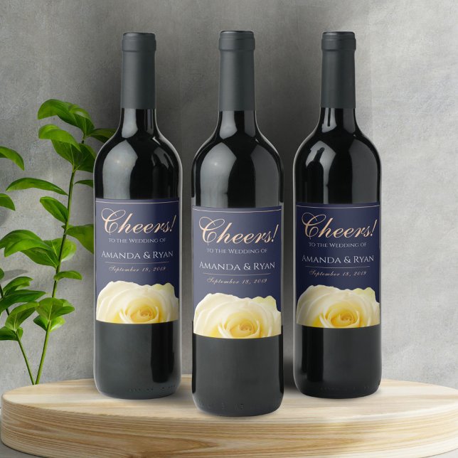 Modern Yellow Rose Floral / Cheers to the Wedding Wine Label (Creator Uploaded)