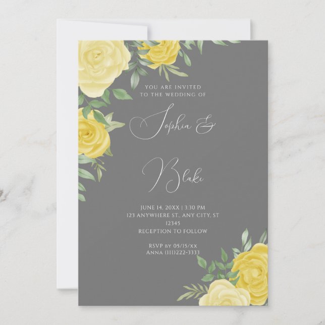 Modern Yellow Roses Elegant Gray Wedding Invitation (Front)