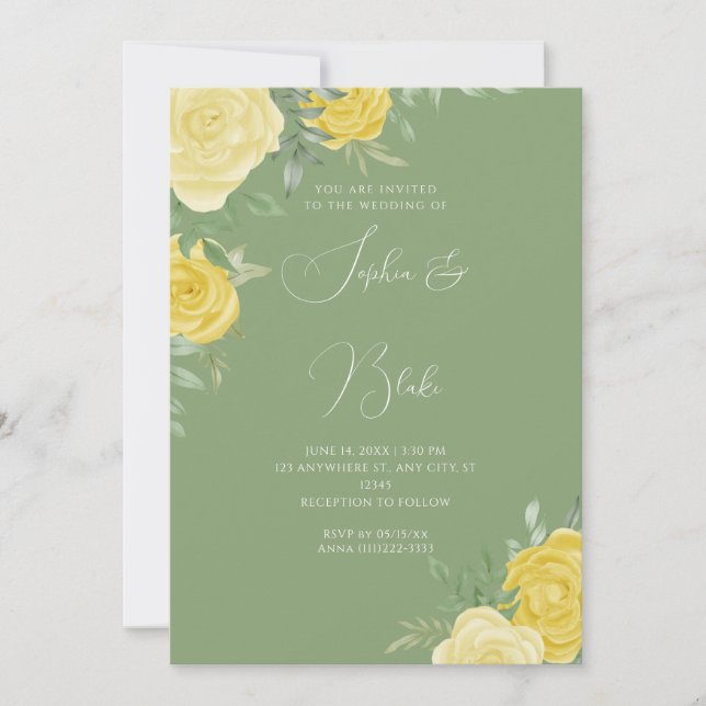 Modern Yellow Roses Elegant Green Wedding Invitation (Front)