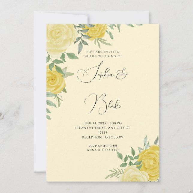 Modern Yellow Roses Elegant Yellow Wedding Invitation (Front)