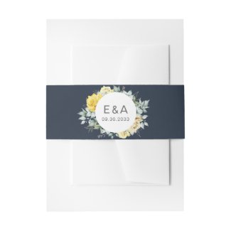 Modern yellow roses navy blue watercolor wedding 