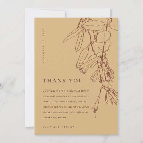 MODERN YELLOW RUST LINE DRAWING FLORAL WEDDING THANK YOU CARD