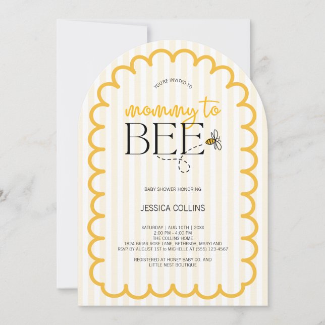 Modern Yellow Script Arch Mommy to Bee Baby Shower Invitation (Front)