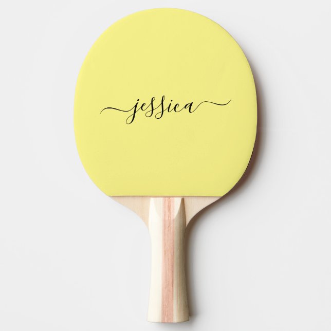 Modern yellow script name ping pong paddle (Front)