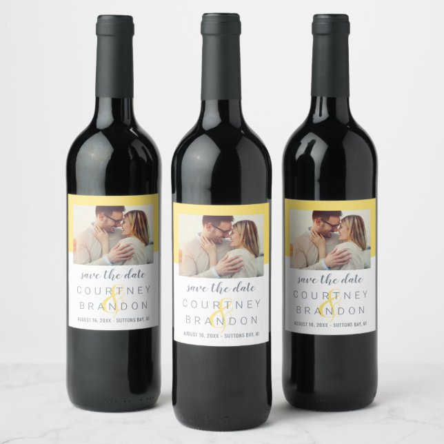 Modern Yellow Slate Save the Date Photo Wine Label (Bottles)