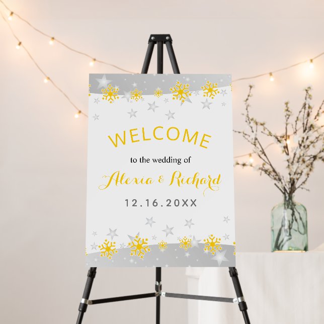 Modern yellow snowflakes silver grey stars wedding foam board (In Situ (Stand))