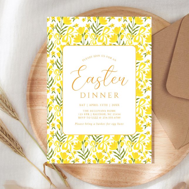 Modern Yellow Spring Floral Bow Easter Dinner Invitation (Creator Uploaded)