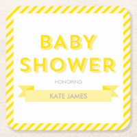 Modern Yellow Stripes Baby Shower Square Paper Coaster