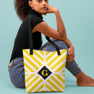 Modern Yellow Stripes Initial Tote Bag