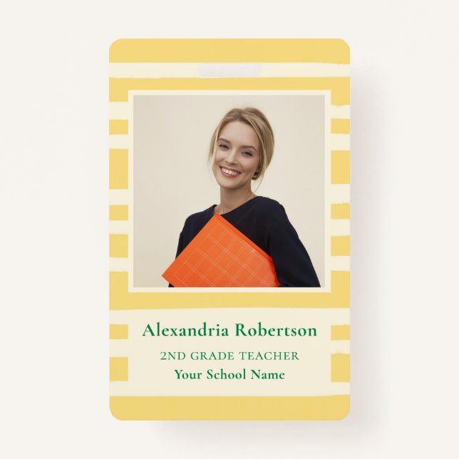 Modern Yellow Stripes Teacher Photo ID Badge (Front)