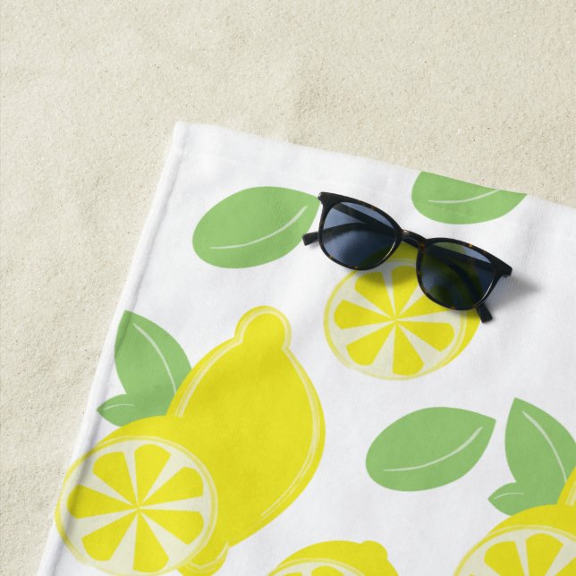 Modern Yellow Summer Fun Lemon Slices Green Beach Towel (In Situ)