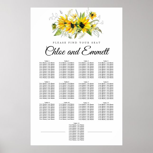 Modern Yellow Sunflower 13-Table Seating Chart (Front)