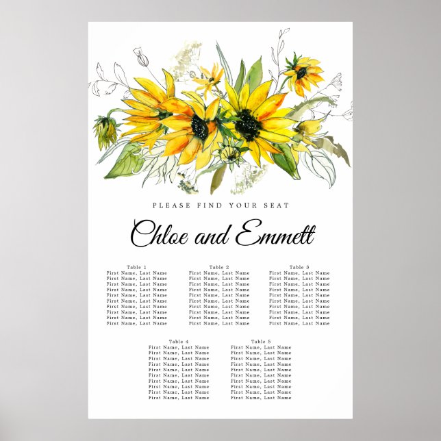 Modern Yellow Sunflower 5-Table Seating Chart (Front)