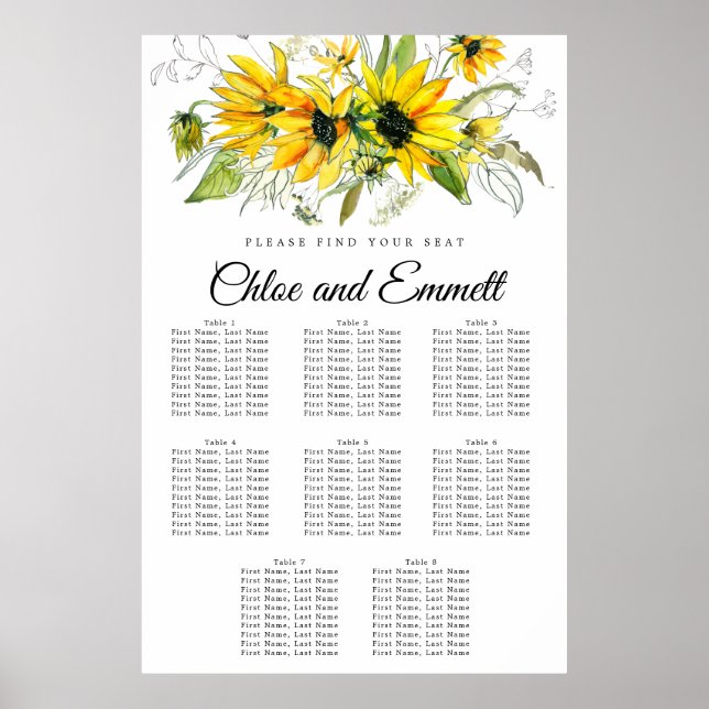 Modern Yellow Sunflower 8-Table Seating Chart (Front)