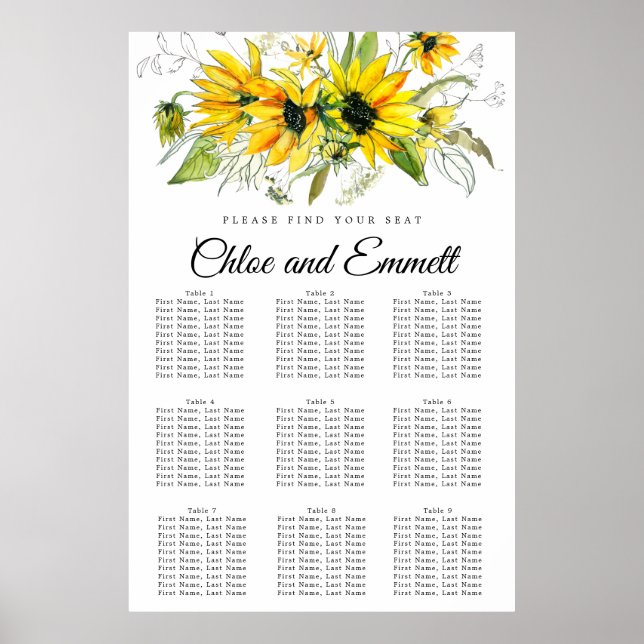 Modern Yellow Sunflower 9-Table Seating Chart (Front)