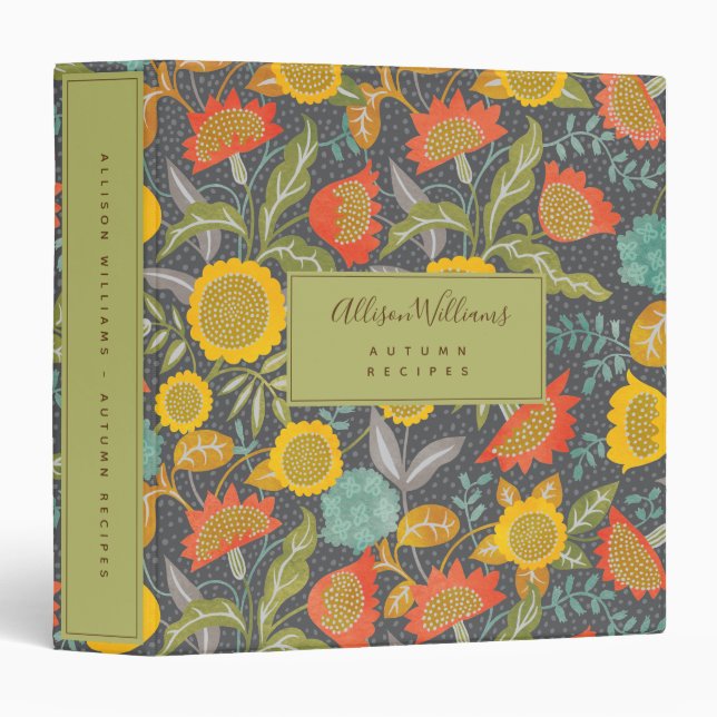 Modern Yellow Sunflower Floral Autumn Recipe 3 Ring Binder (Front/Spine)