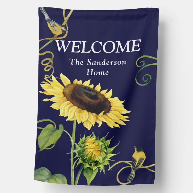 Modern Yellow Sunflower Navy Blue Farmhouse Fall House Flag (Front)