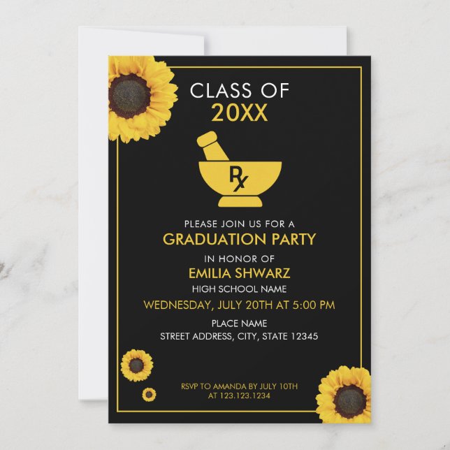 Modern Yellow Sunflower Pharmacist Graduation Invitation (Front)