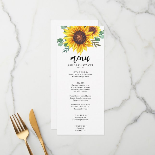 Modern Yellow Sunflower Wedding Menu (Front/Back In Situ)