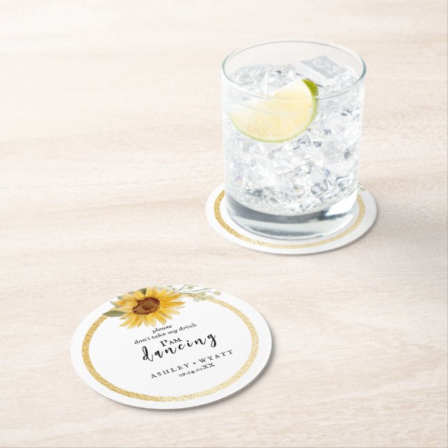 Modern Yellow Sunflower Wedding Round Paper Coaster (Insitu)
