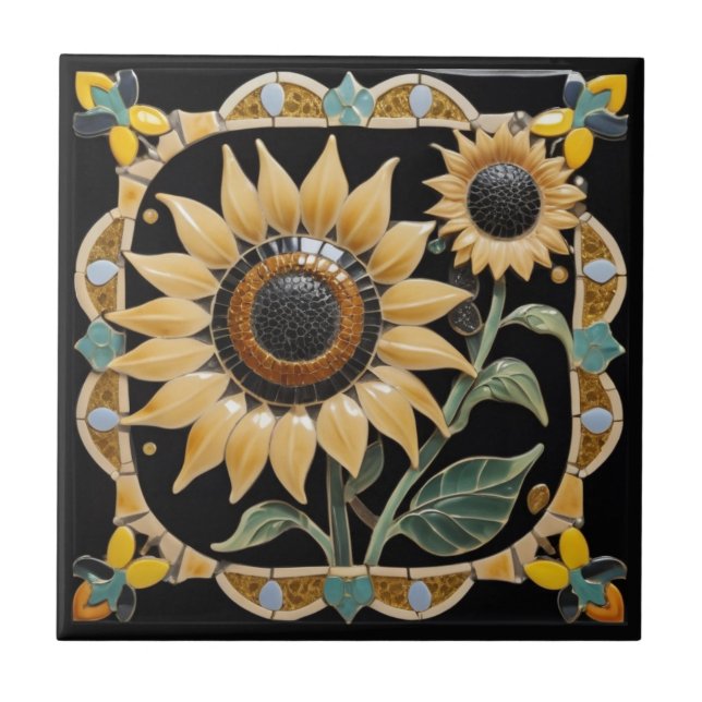 Modern Yellow Sunflowers on Black Ceramic Tile (Front)