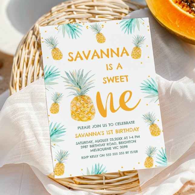 Modern Yellow Sweet One Pineapple 1st Birthday Invitation (Pineapple Sweet One 1st Birthday Invitation Template For Girls, Summer Pineapple Themed 1st Birthday)