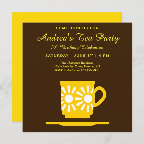 Modern Yellow Tea Cup  Brown Birthday Tea Party Invitation