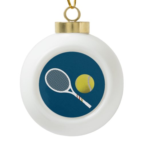 Modern Yellow Tennis Ball Retro Racket Ceramic Ball Christmas Ornament
