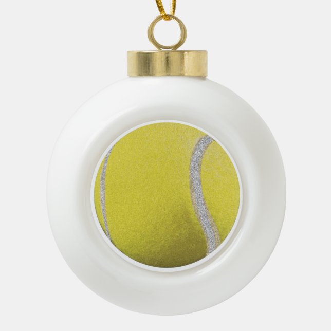 Modern Yellow Tennis Ball With Faux Glitter Line   Ceramic Ball Christmas Ornament (Front)