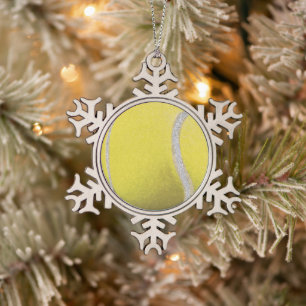 Modern Yellow Tennis Ball With Faux Glitter Line   Snowflake Pewter Christmas Ornament