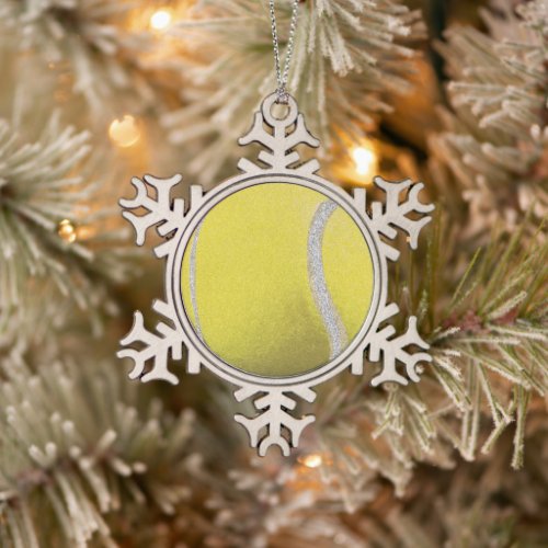 Modern Yellow Tennis Ball With Faux Glitter Line   Snowflake Pewter Christmas Ornament