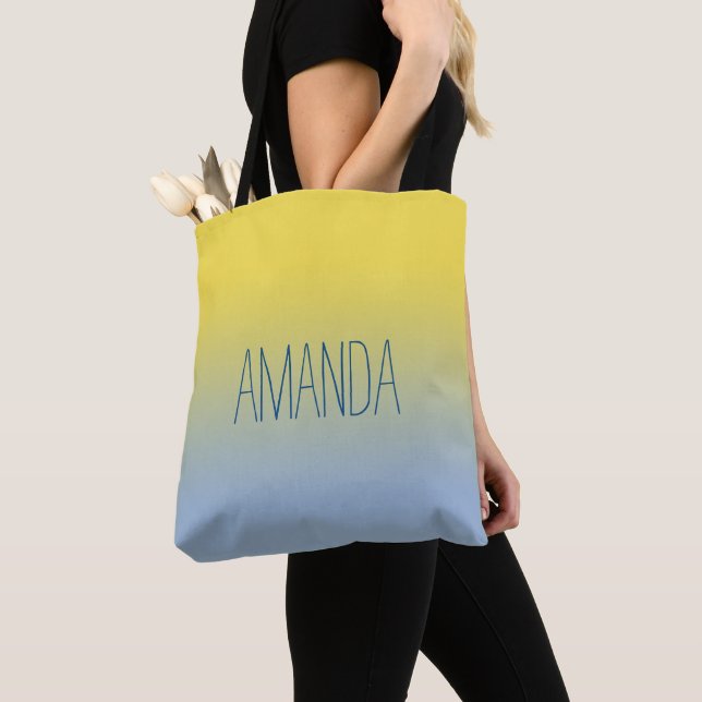 Modern Yellow to Blue Gradient Handwritten Name Tote Bag (Close Up)