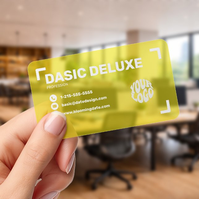 Modern yellow Translucent with logo  Clear Business Cards (Handheld (Office))