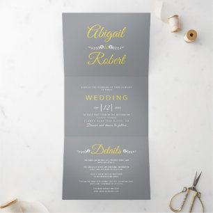 Modern yellow typography, gray photo wedding Tri-Fold invitation