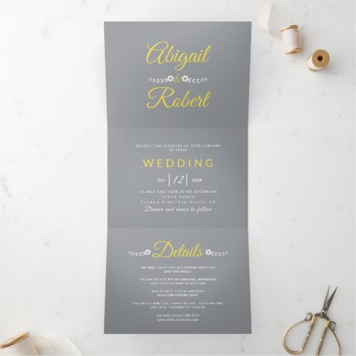 Modern yellow typography gray photo wedding Tri_Fold invitation